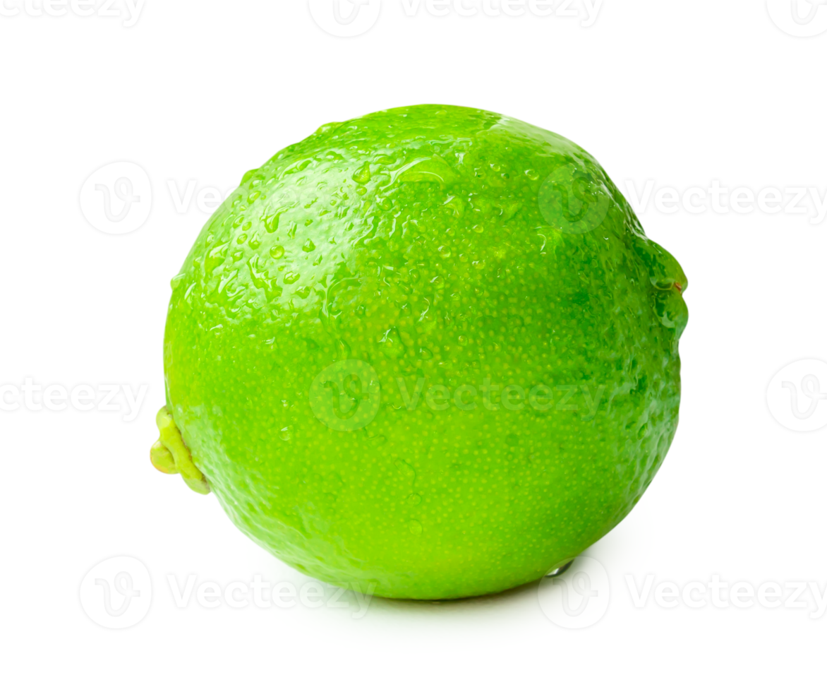 Front view or side view of single fresh green lemon fruit with drops isolated with clipping path and shadow in png file format