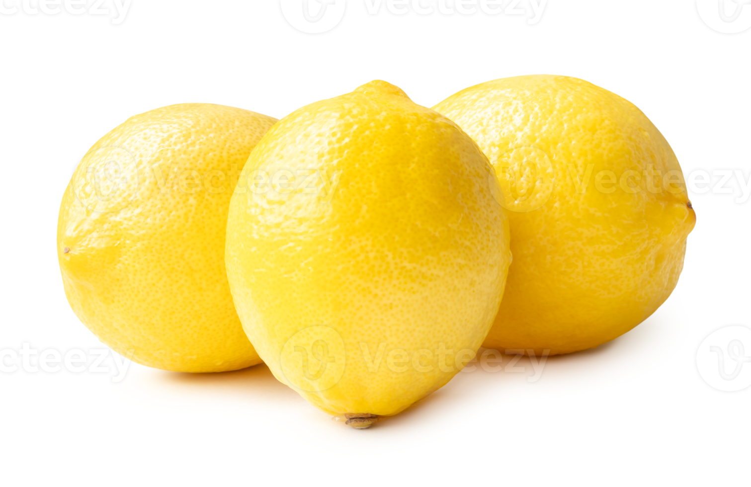 Three whole fresh beautiful yellow lemons in stack isolated with clipping path and shadow in png file format