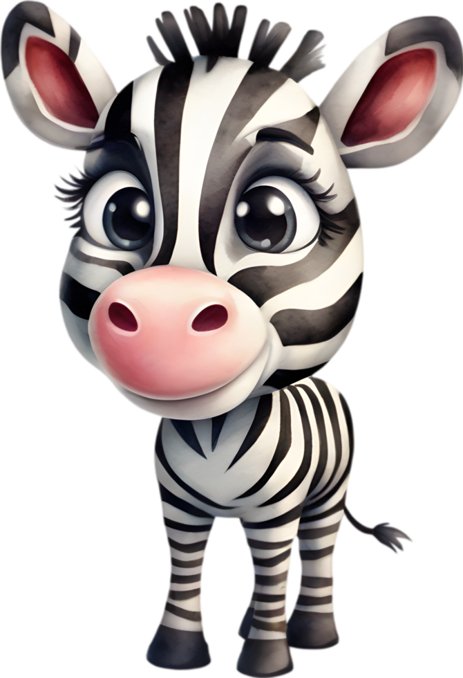 AI generated Watercolor drawing of a cute Zebra in cartoon style. png