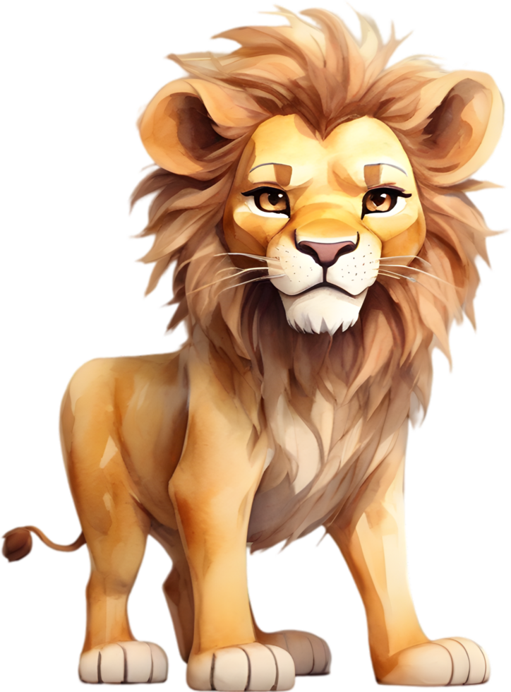 AI generated Watercolor drawing of a cute Lion in cartoon style. png