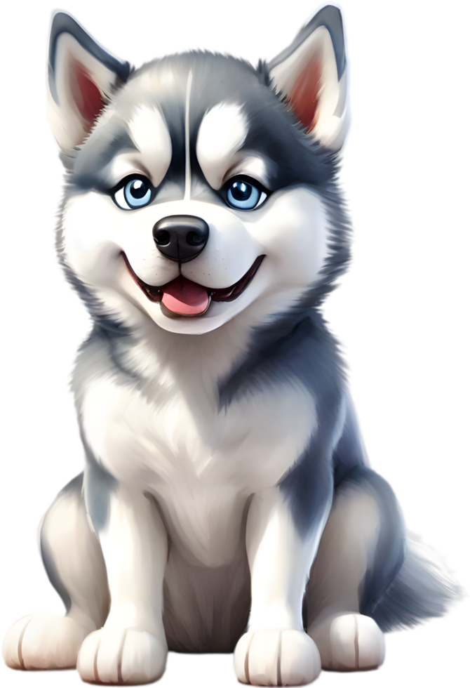 AI generated Watercolor drawing of a cute Siberian husky dog in cartoon style. png