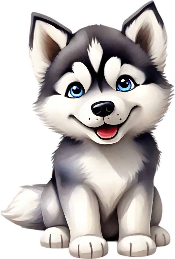 AI generated Watercolor drawing of a cute Siberian husky dog in cartoon style. png