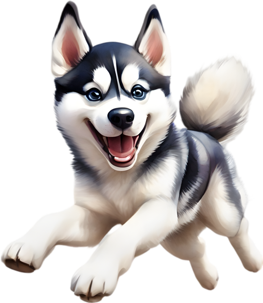 AI generated Watercolor drawing of a cute Siberian husky dog in cartoon style. png