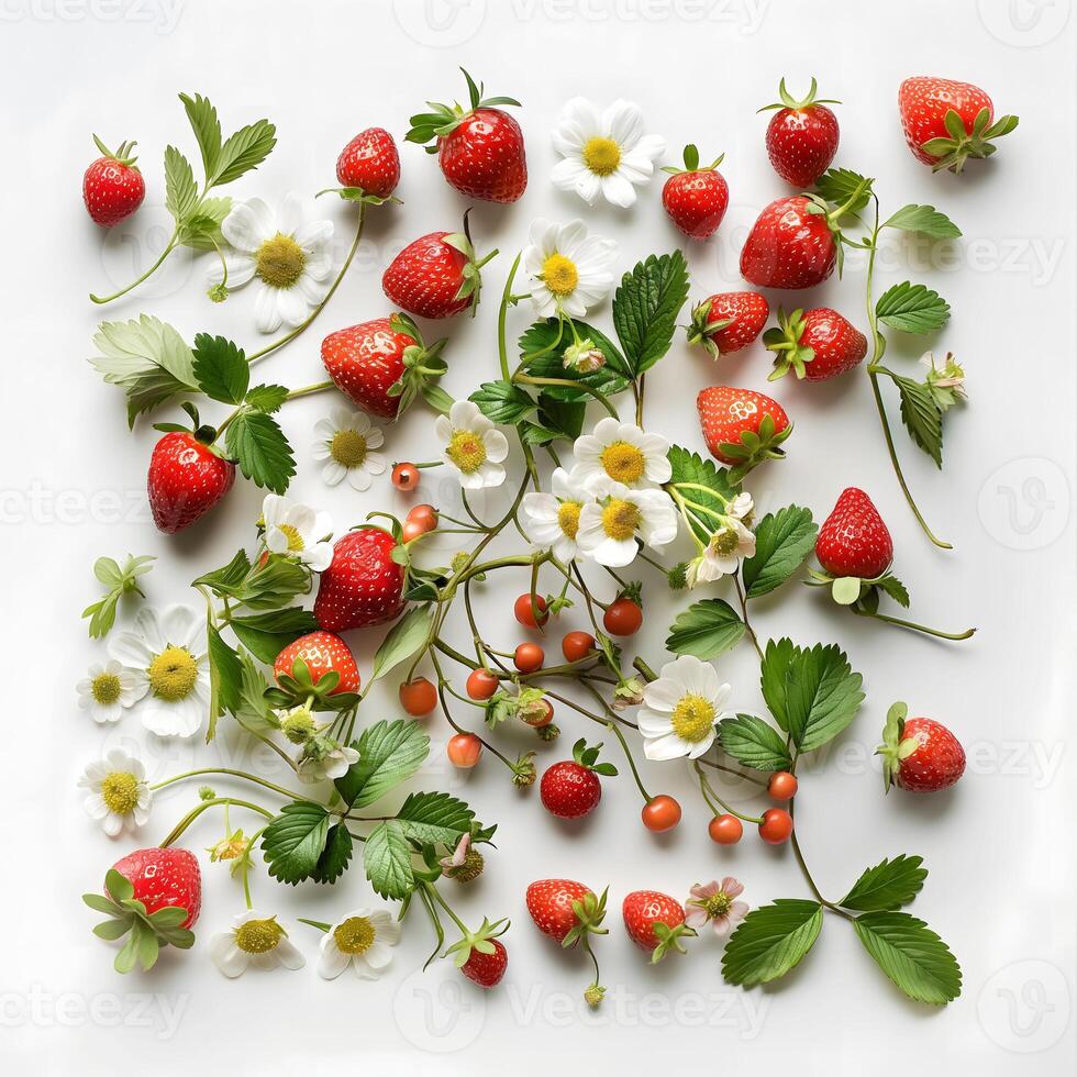 AI generated Strawberry and flowers on white background, Top view photo