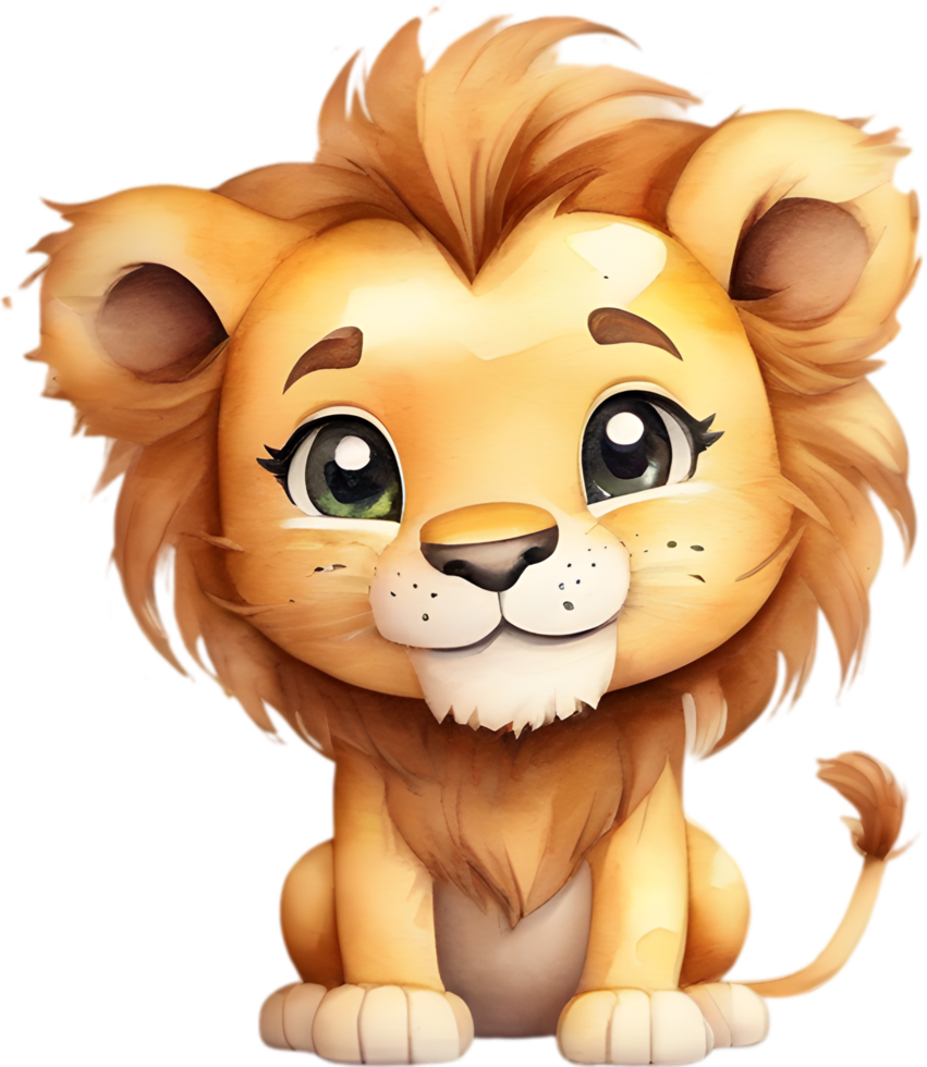 AI generated Watercolor drawing of a cute Lion in cartoon style. png