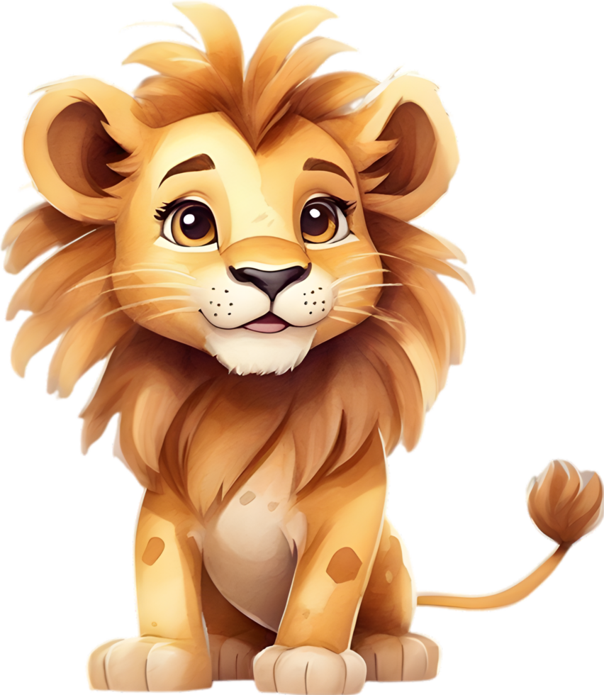 ai généré aquarelle dessin de une mignonne Lion dans dessin animé style. png