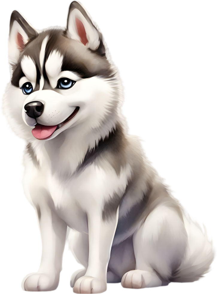 AI generated Watercolor drawing of a cute Siberian husky dog in cartoon style. png