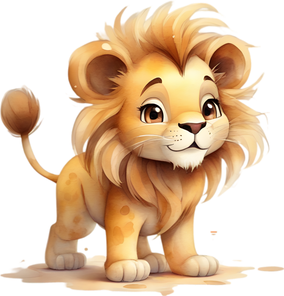 AI generated Watercolor drawing of a cute Lion in cartoon style. png