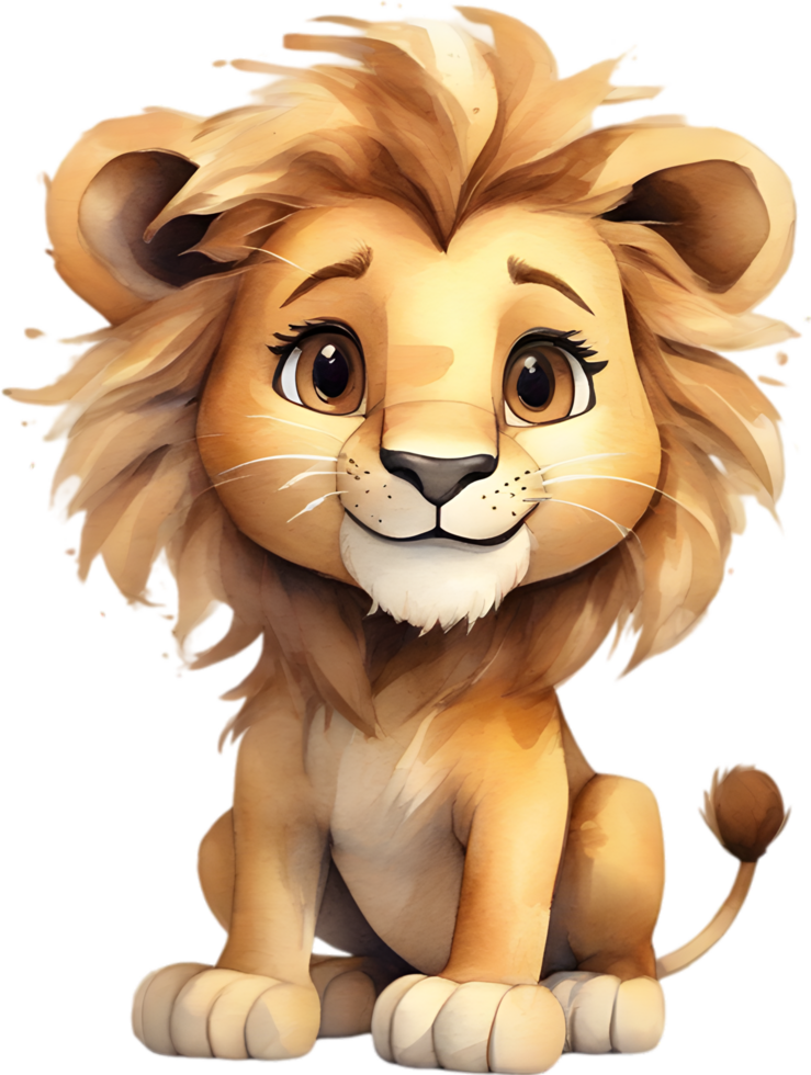 AI generated Watercolor drawing of a cute Lion in cartoon style. png