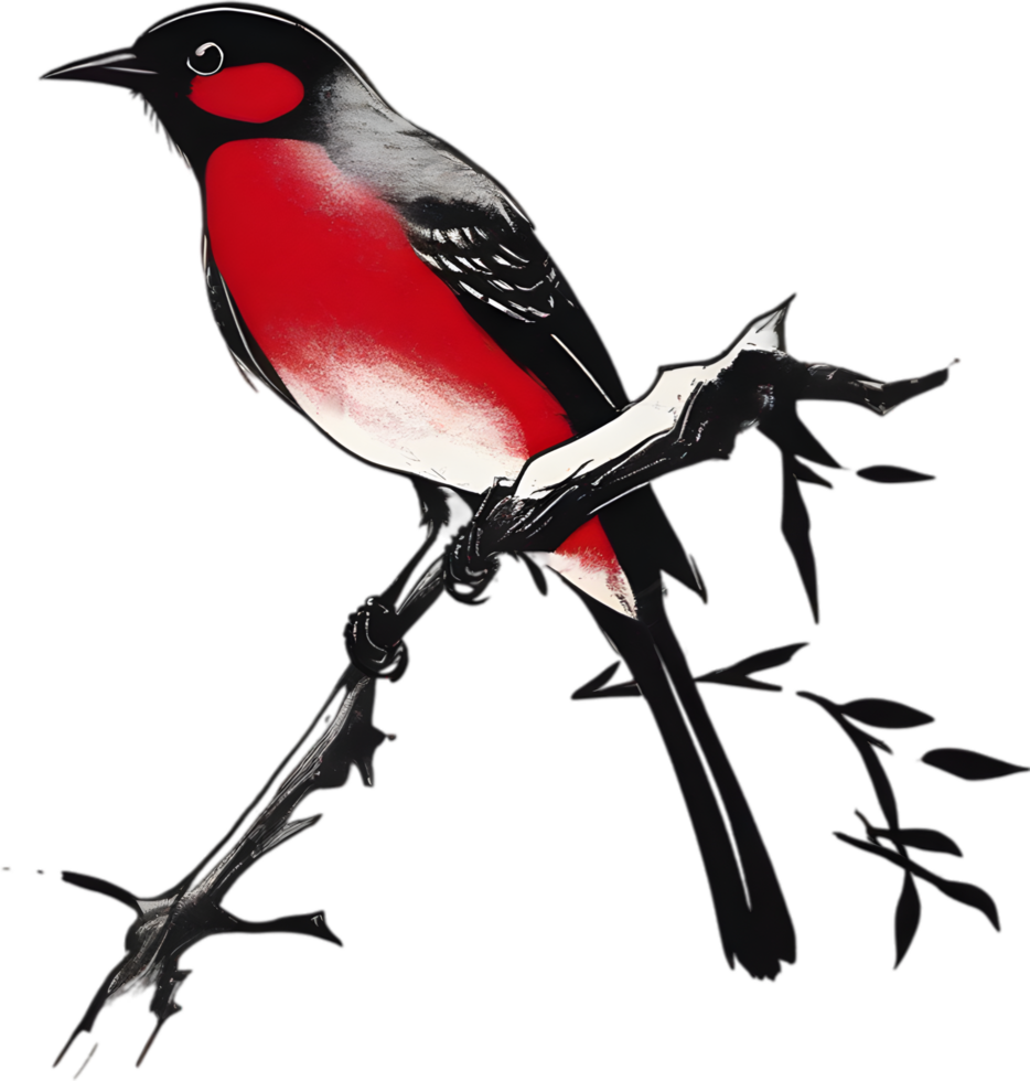 AI generated Painting of a crimson chat bird using the Japanese brushstroke technique. png