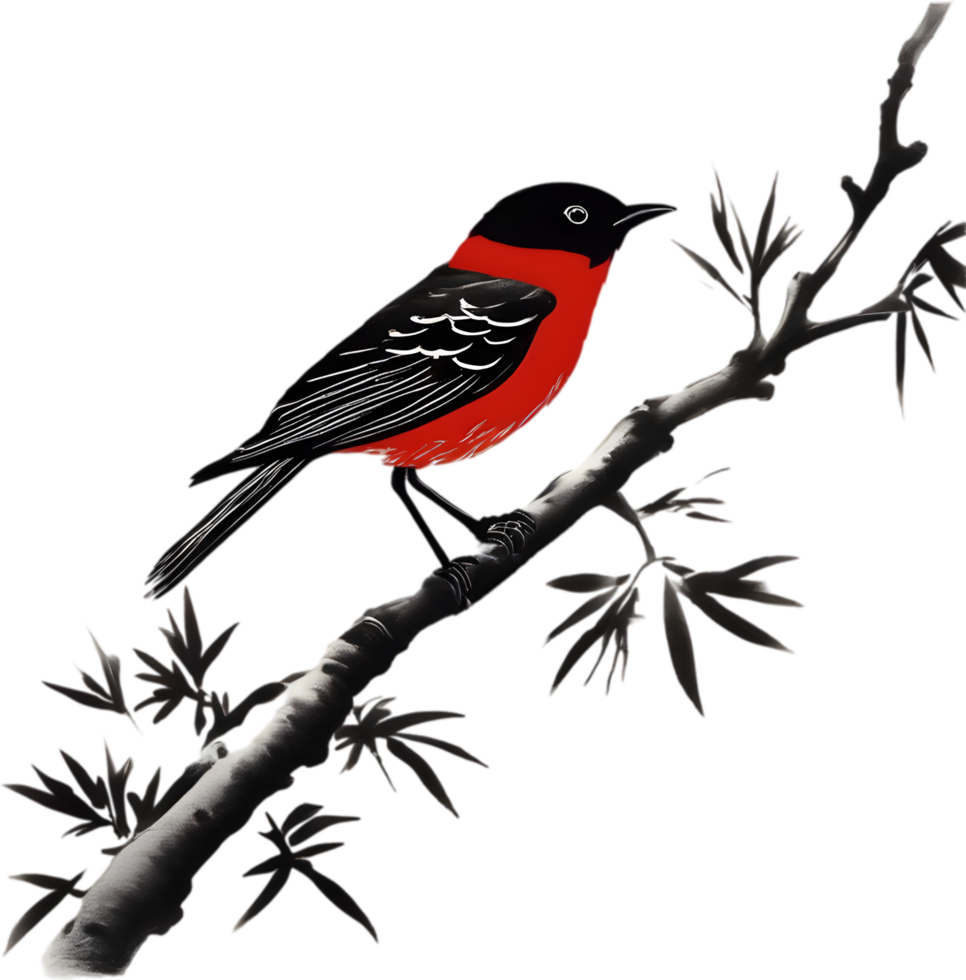 AI generated Painting of a crimson chat bird using the Japanese brushstroke technique. png