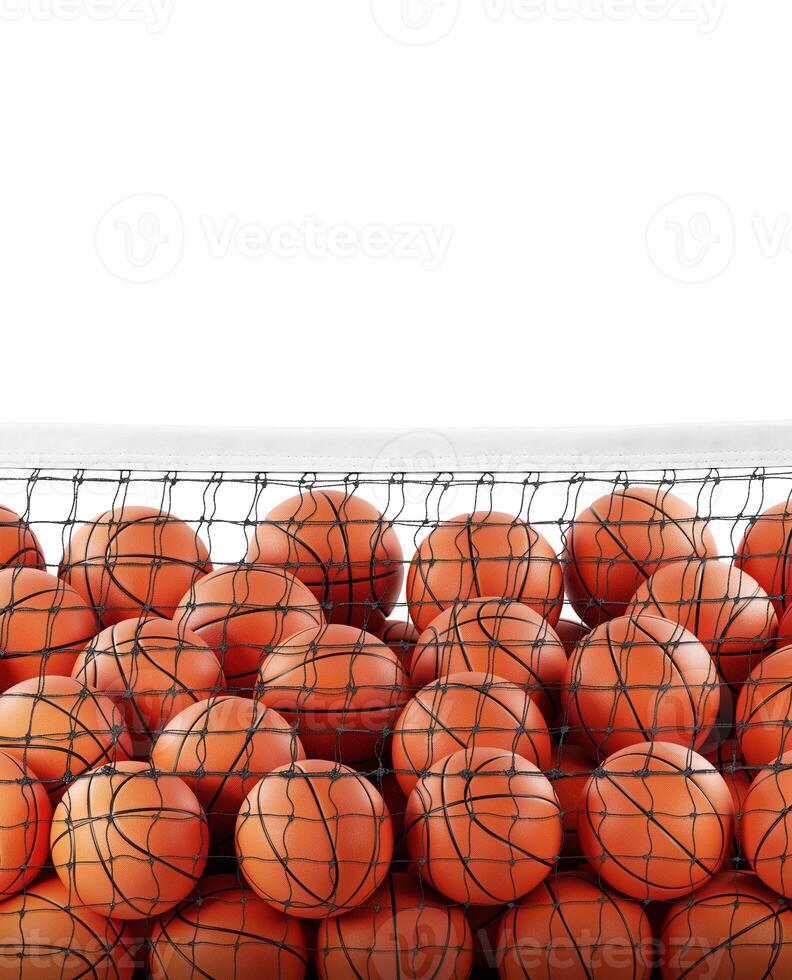 Several basketball balls in the net white background photo