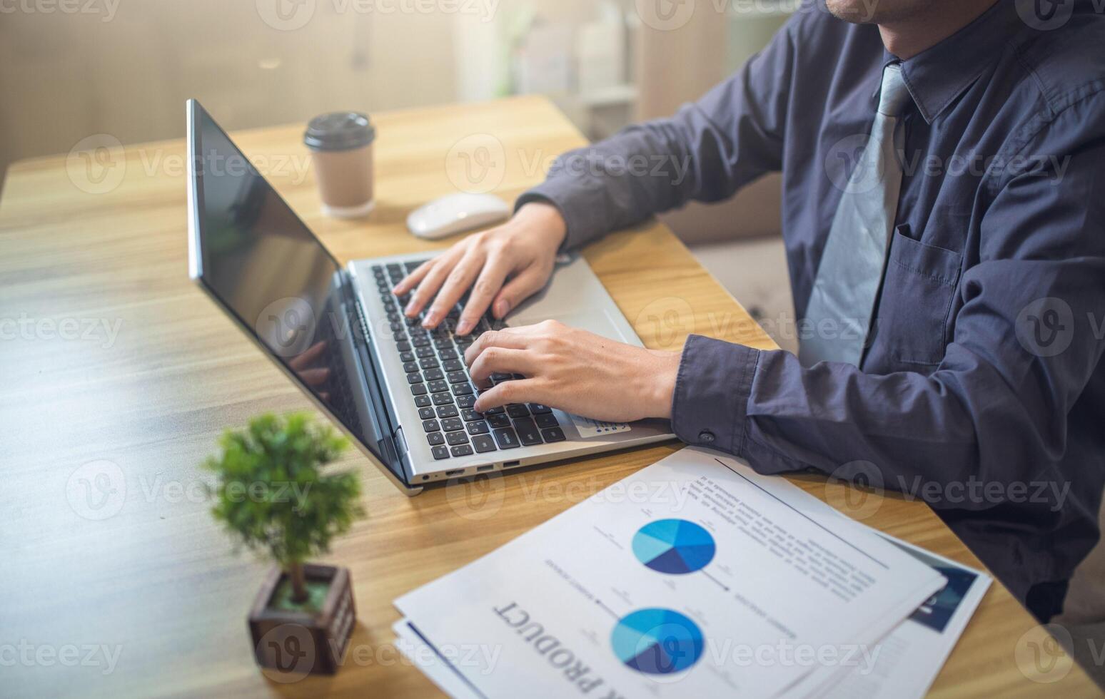 Business analyst reviewing pie charts on documents with a laptop on a wooden desk photo