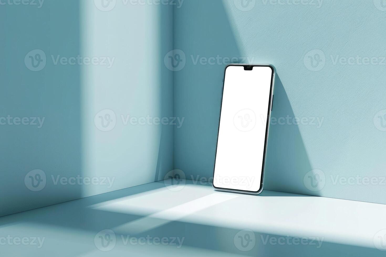 AI generated Smartphone with a blank screen propped in a light blue niche with subtle shadows. Mobile mockup scene photo