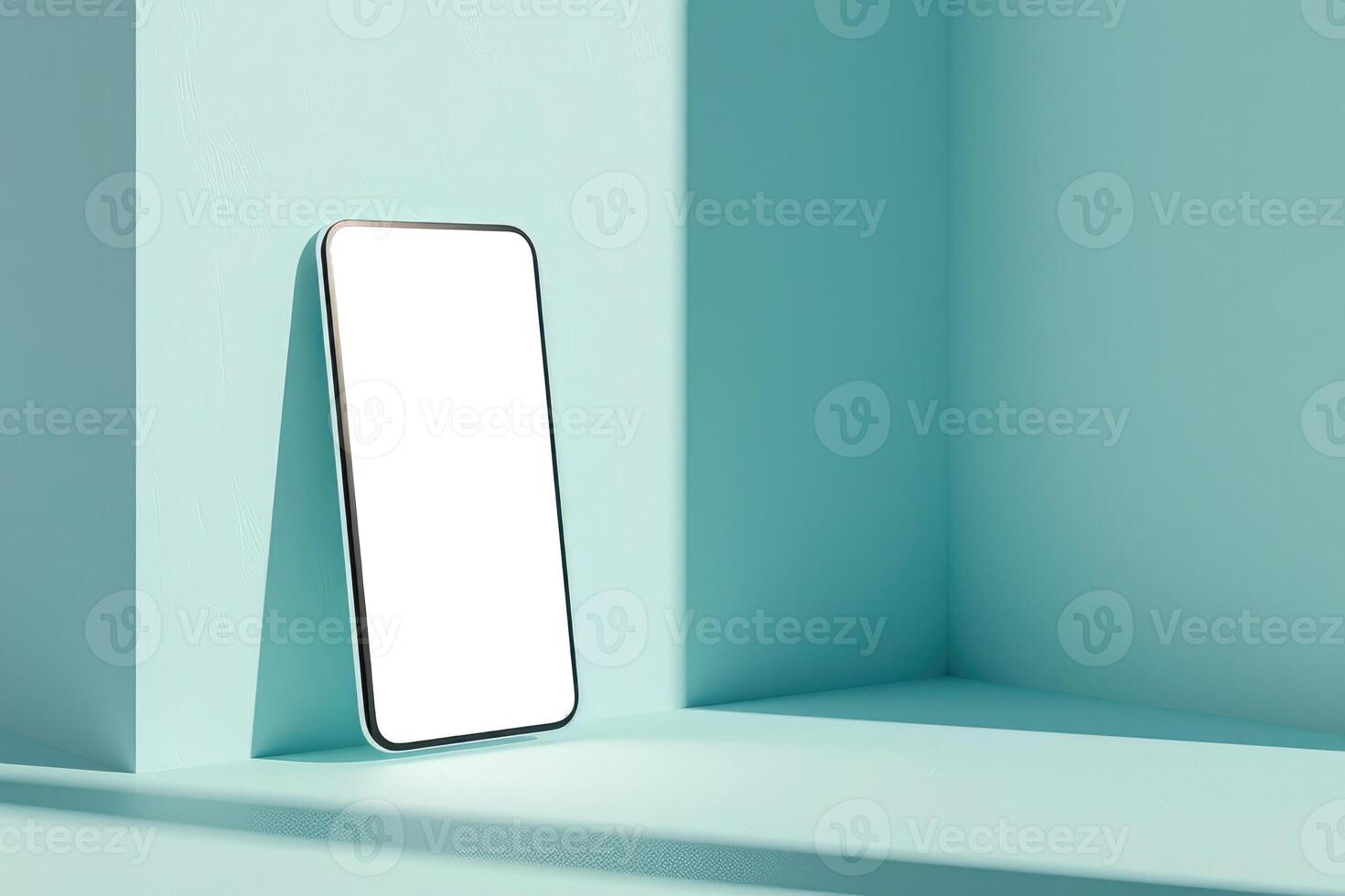 AI generated Smartphone with a blank screen propped in a light blue niche with subtle shadows. Mobile mockup scene photo