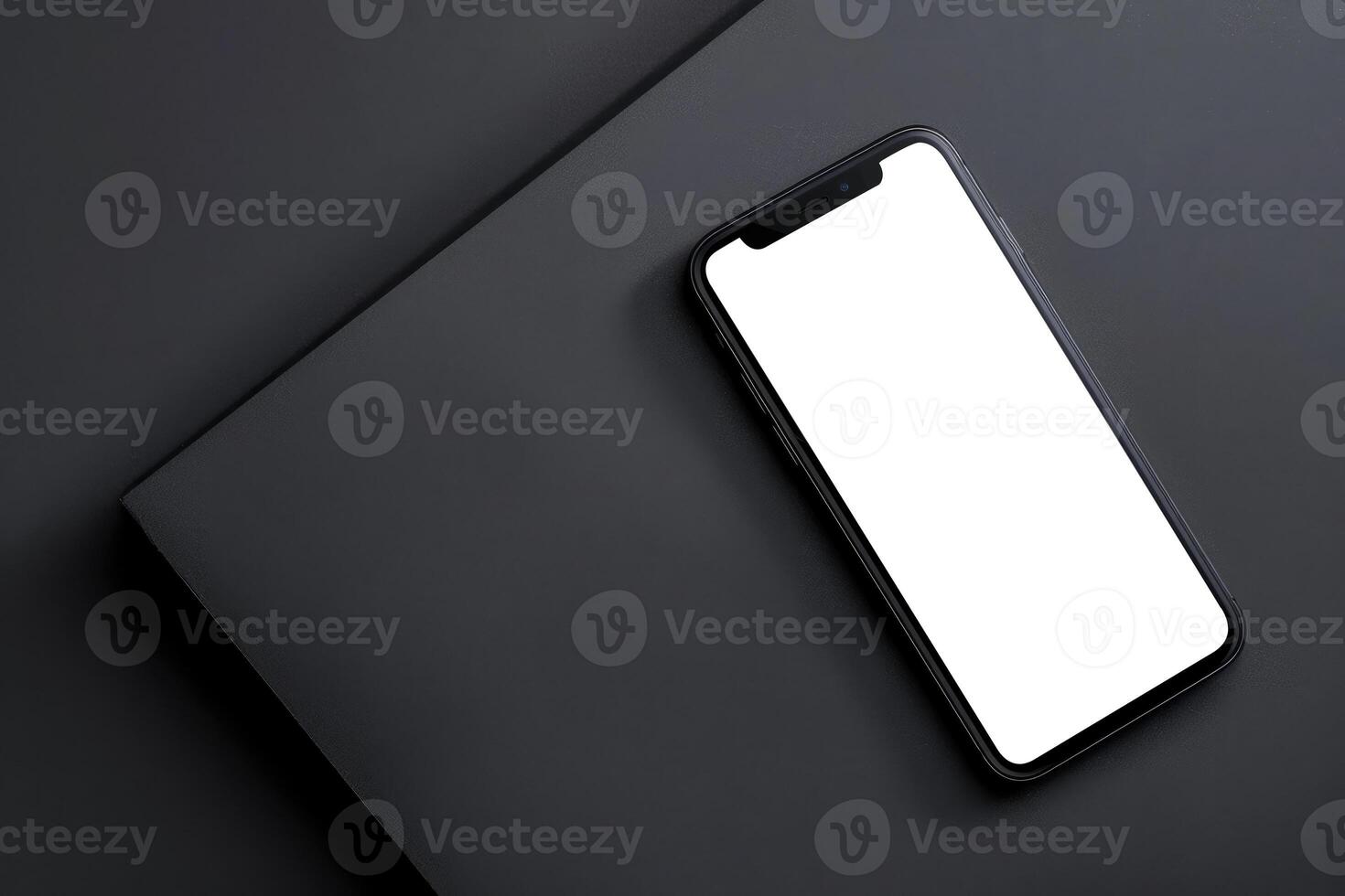 AI generated Black smartphone with blank screen lying on a textured dark surface, angled for a sleek presentation photo