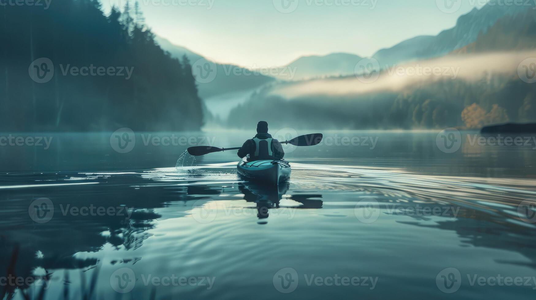 AI generated Person kayaking on a tranquil lake with shimmering waters, surrounded by lush hills photo