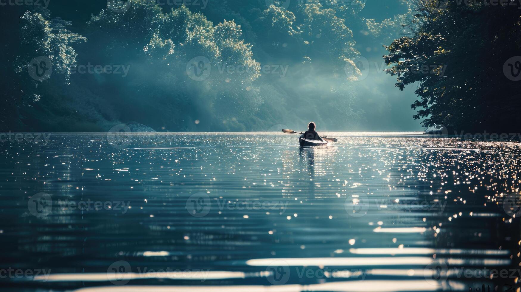 AI generated Person kayaking on a tranquil lake with shimmering waters, surrounded by lush hills photo