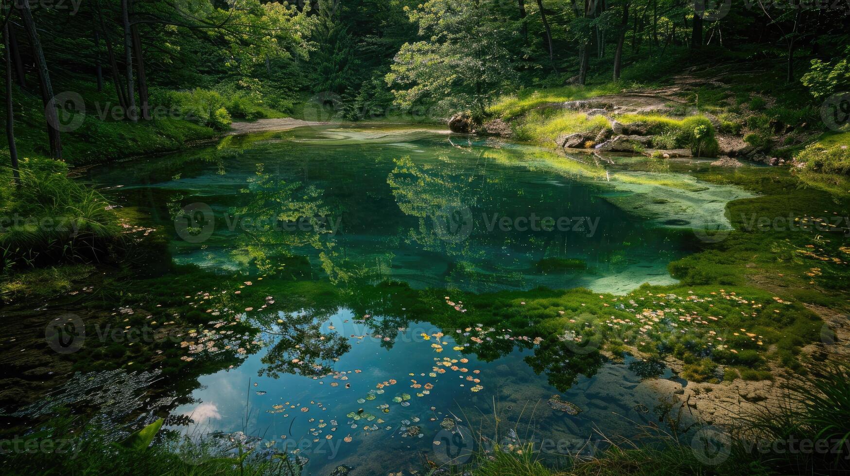 AI generated Crystal-clear river in a forested gorge with sunlight filtering through the trees photo