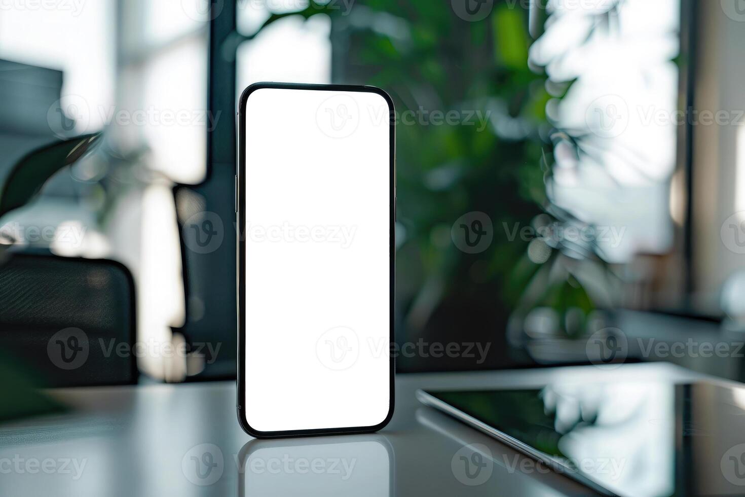 AI generated Smartphone with a blank screen standing on a wooden office table, blurring into a modern workspace background photo