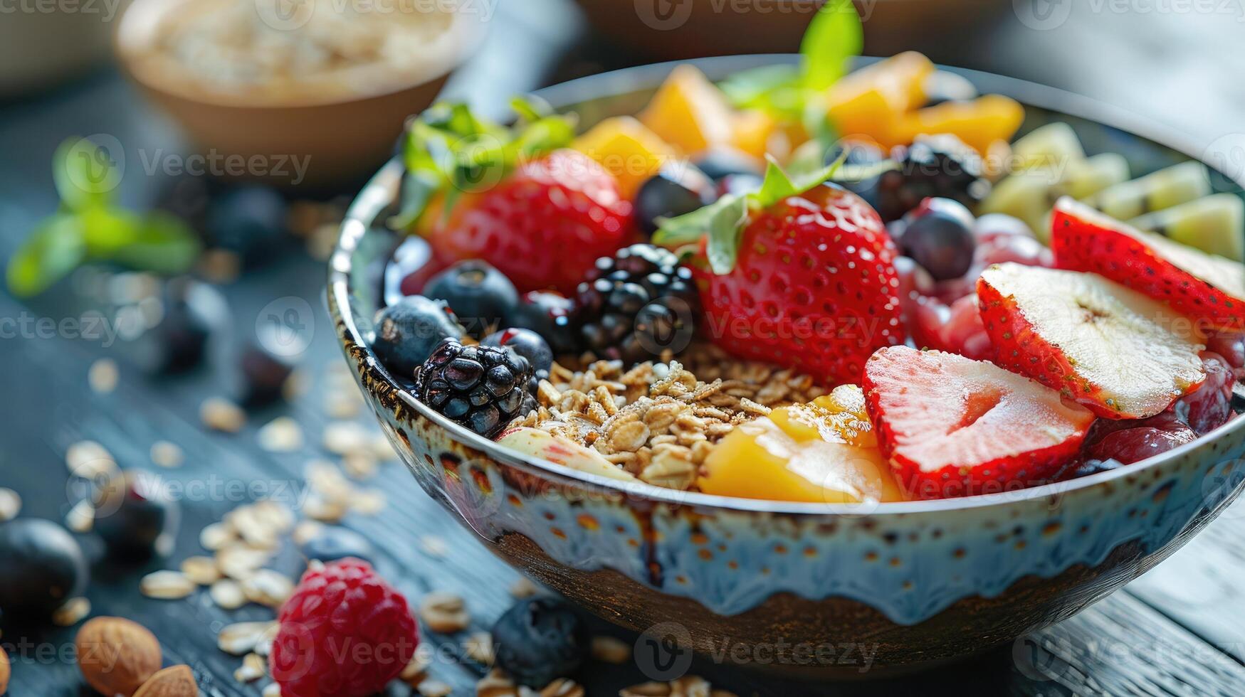 ai generado de cerca de un vistoso acai cuenco con Fresco bayas, banana, y Granola en un soleado mesa foto