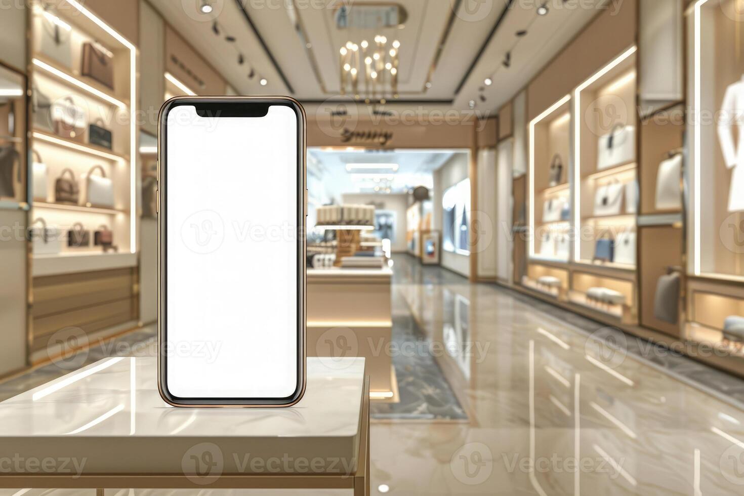 AI generated Blank screen smartphone standing on a display counter in a luxury store with warm lighting and premium decor photo