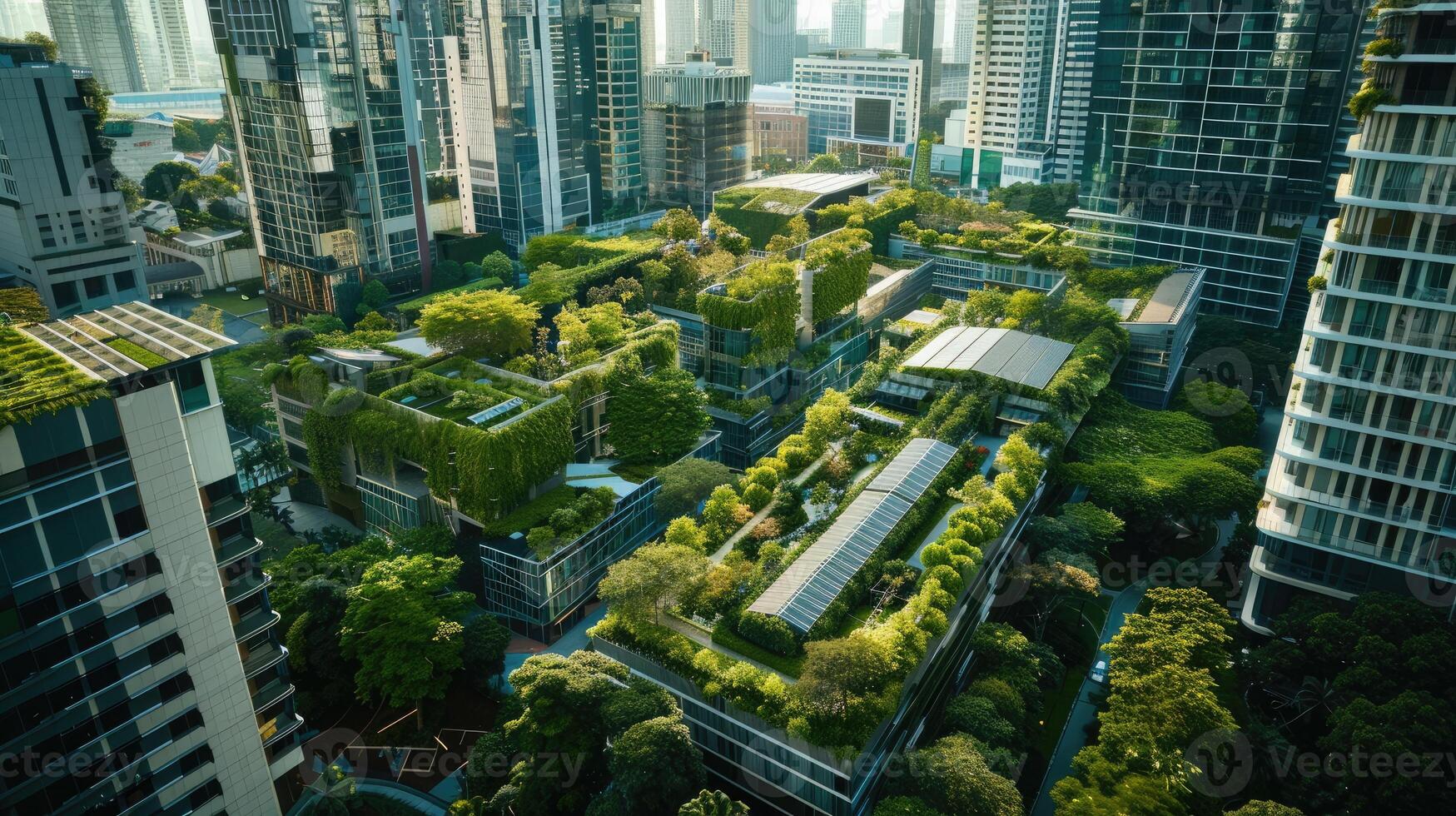 ai generado aéreo ver de un techo verde urbano paisaje anidado entre Alto edificios foto