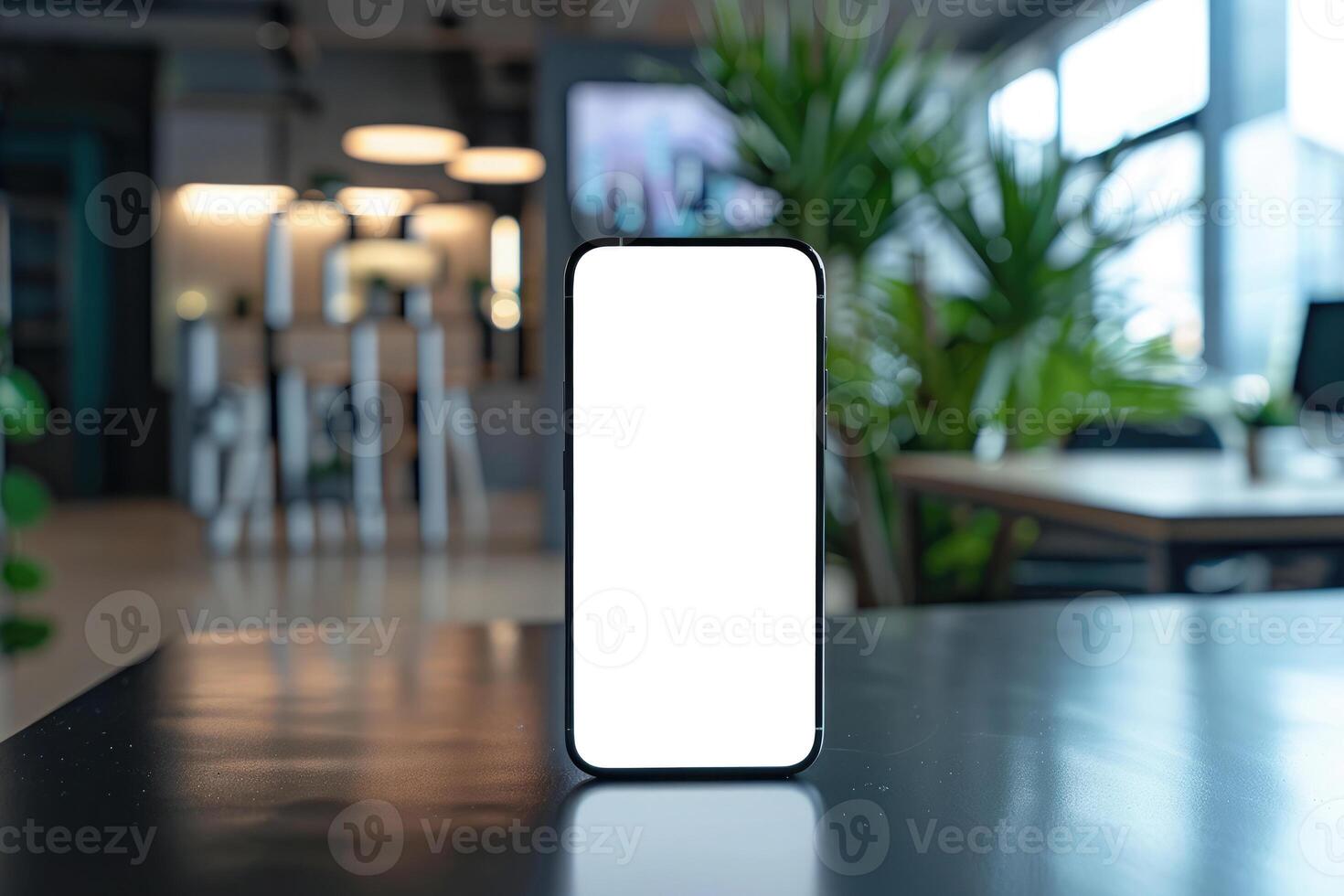 ai generado teléfono inteligente con un blanco pantalla en pie en un de madera oficina mesa, borrón dentro un moderno espacio de trabajo antecedentes foto
