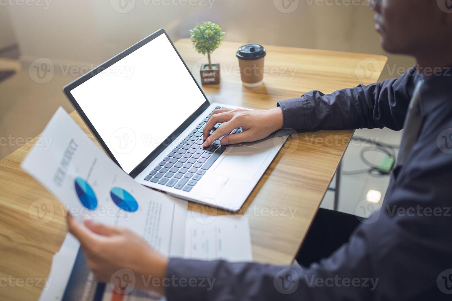 Business analyst reviewing pie charts on documents with a laptop with mockup screen on a wooden desk. photo