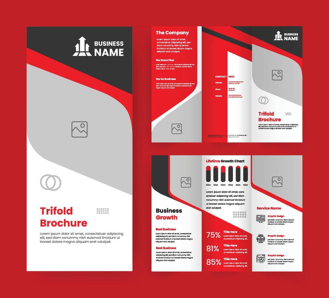 Business Overview Trifold Letter Brochure Template. Red Accent Handout Marketing Design for Company. Abstract shapes for Flyer, Banner, Magazine, etc. vector