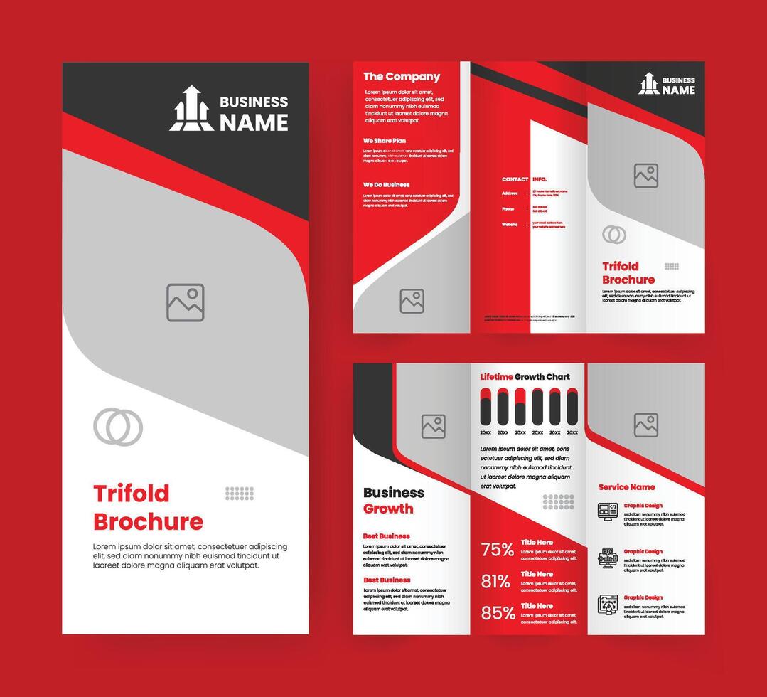 Business Overview Trifold Letter Brochure Template. Red Accent Handout Marketing Design for Company. Abstract shapes for Flyer, Banner, Magazine, etc. vector