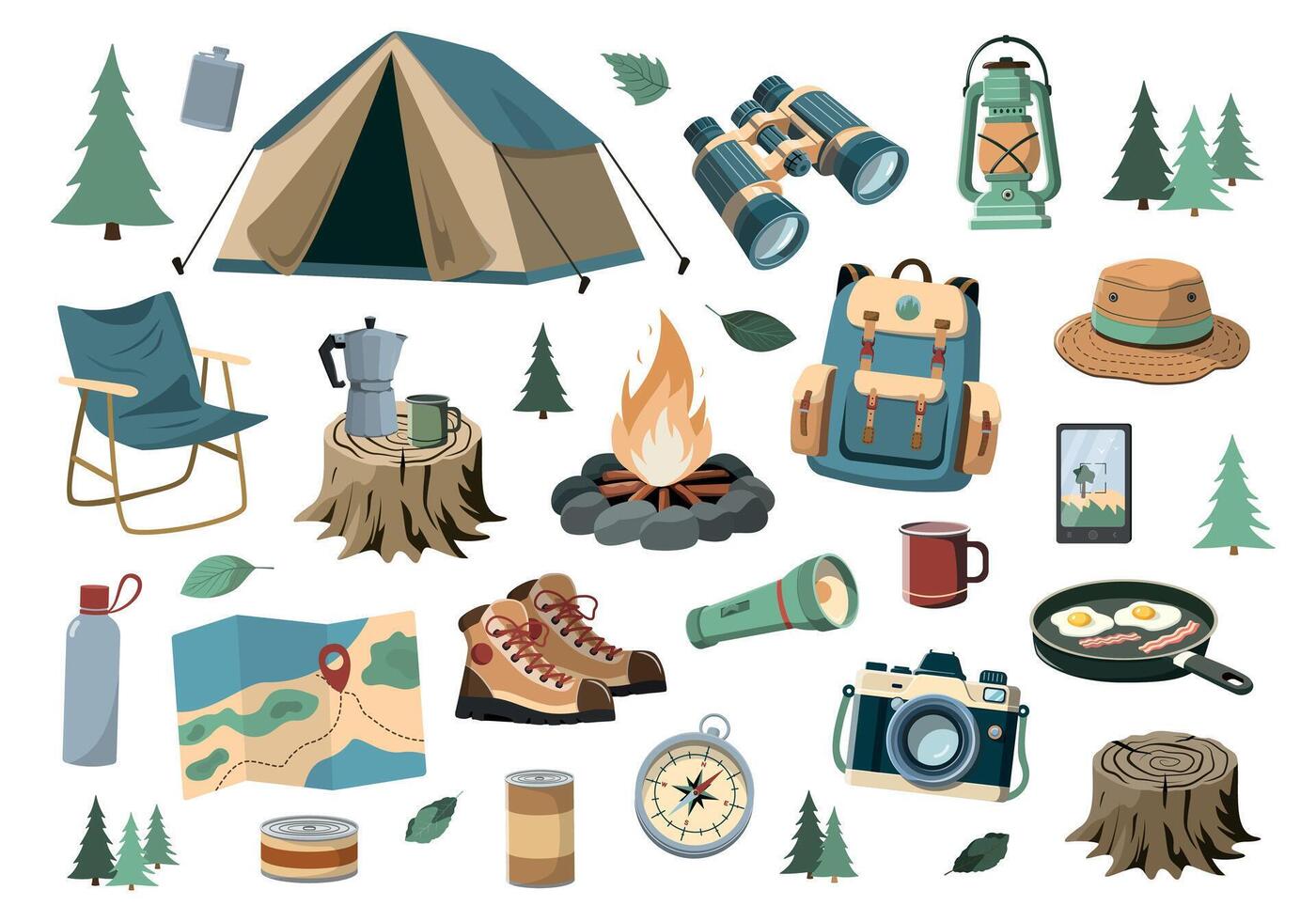 Cartoon set of camping elements. Flat vector illustration. Forest tourism concept. Isolated on white background