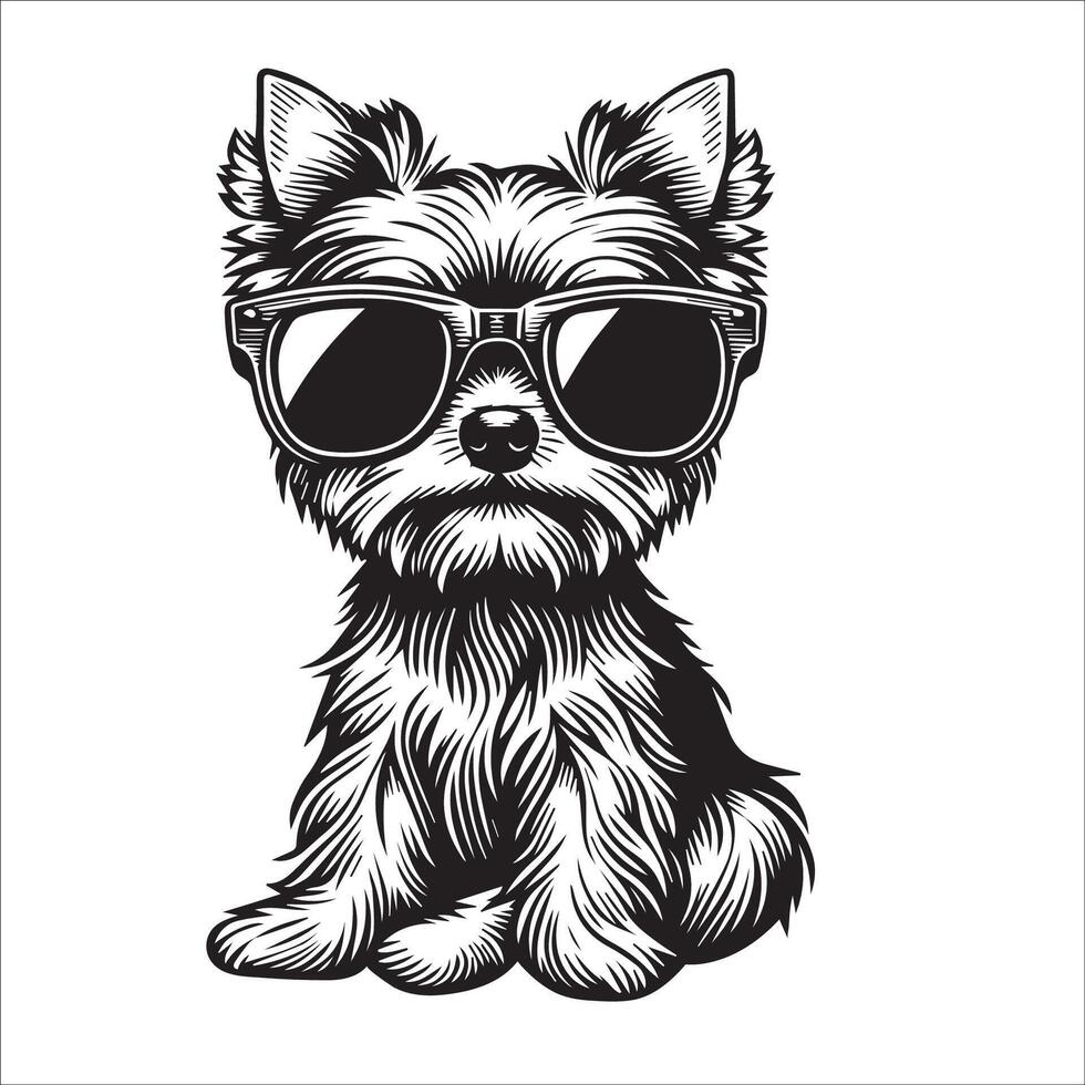 AI generated black and white Yorkshire Terrier Dog wearing sunglasses illustration vector