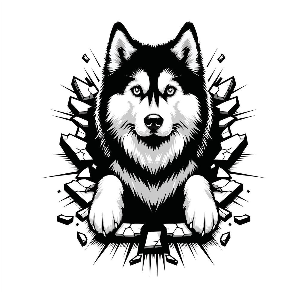 AI generated Siberian Husky Dog looking breaks through a breakthrough wall Vector