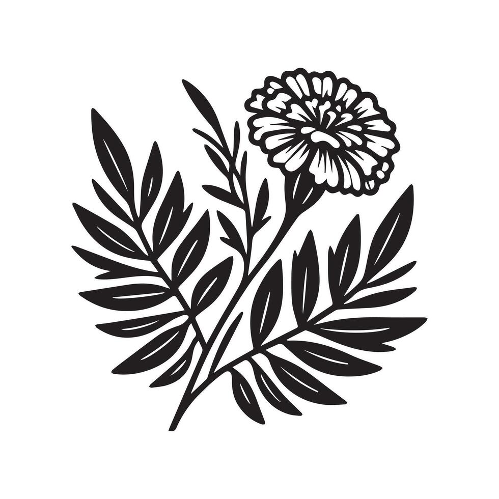 AI generated Marigold flower silhouette black and white illustration vector