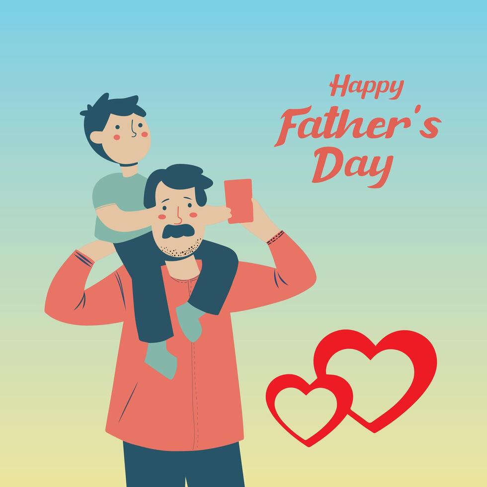 AI generated A father carrying a child on his shoulders with a happy face and the text Happy Father's Day Vector