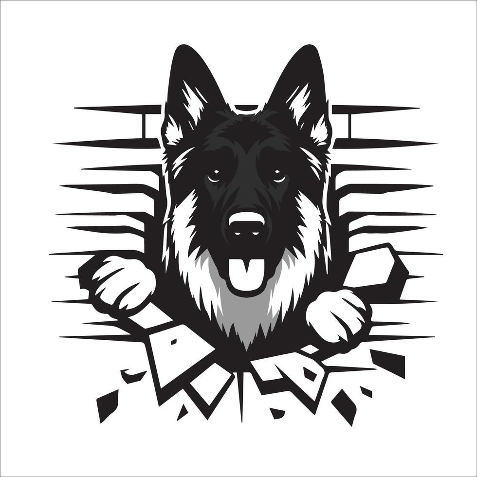 AI generated German Shepherd Dog looking breaks through a breakthrough wall Vector