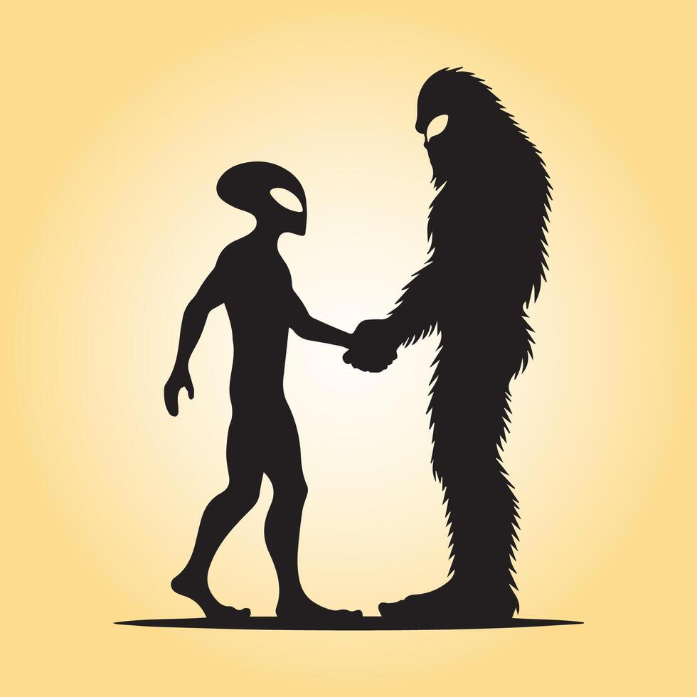 AI generated Bigfoot Alien handshake illustration in black and white vector