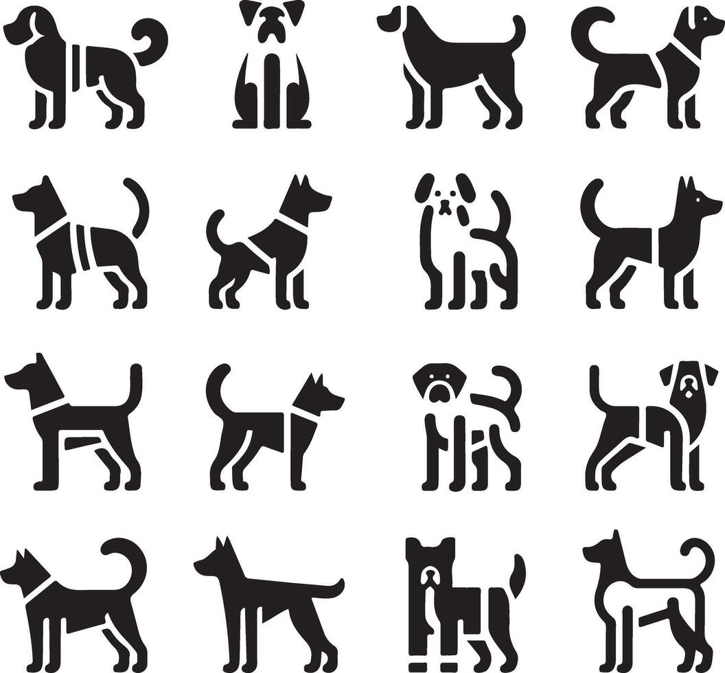 minimal Set of a Dog lay down different pose vector icon in flat style black color silhouette, separated each element, white background 10