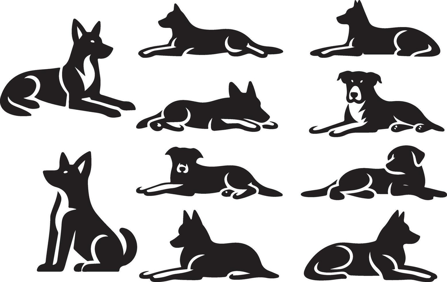 mínimo conjunto de un perro laico abajo diferente actitud vector icono en plano estilo negro color silueta, apartado cada elemento, blanco antecedentes 5 5