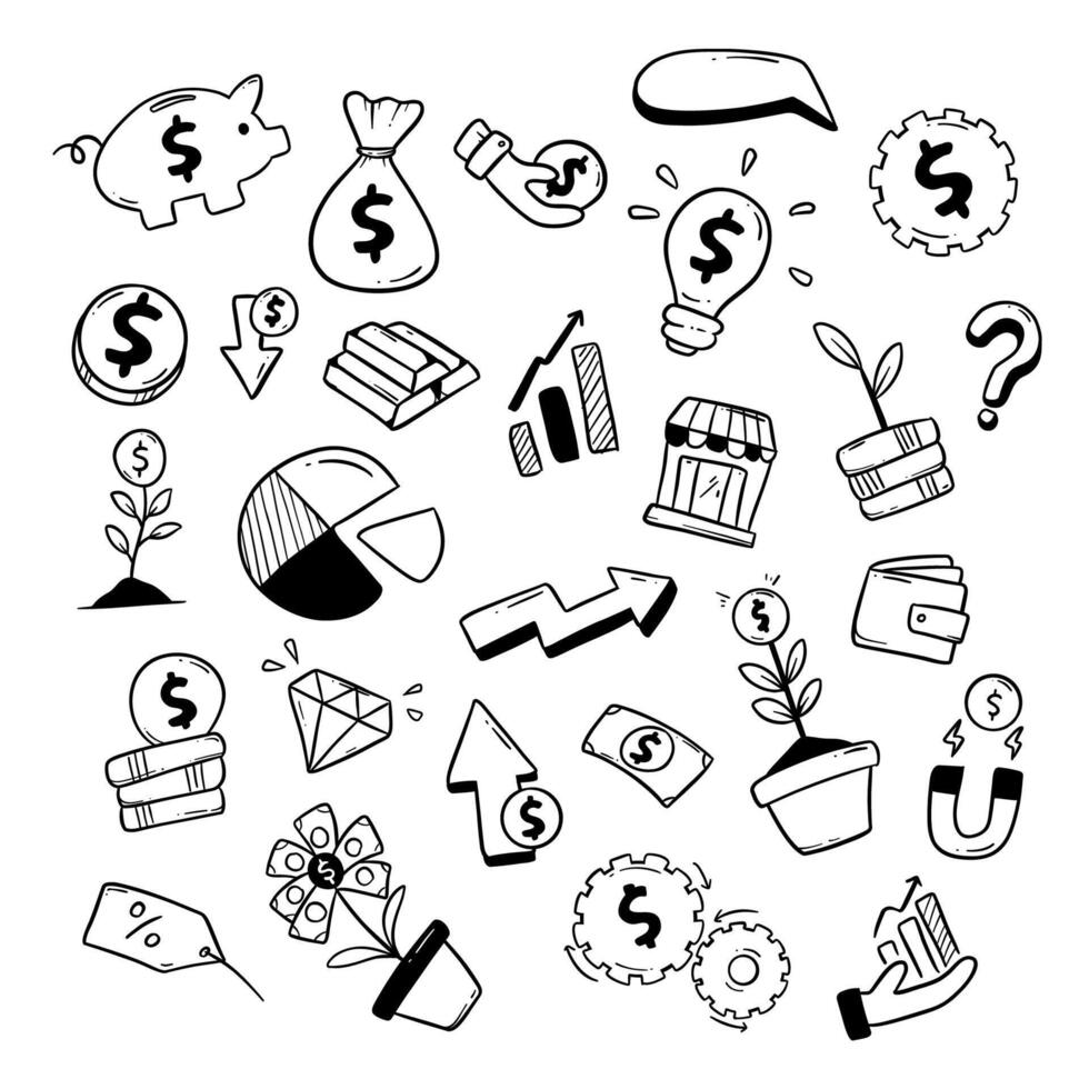 Economic object thing doodle hand drawn outline illustration set vector
