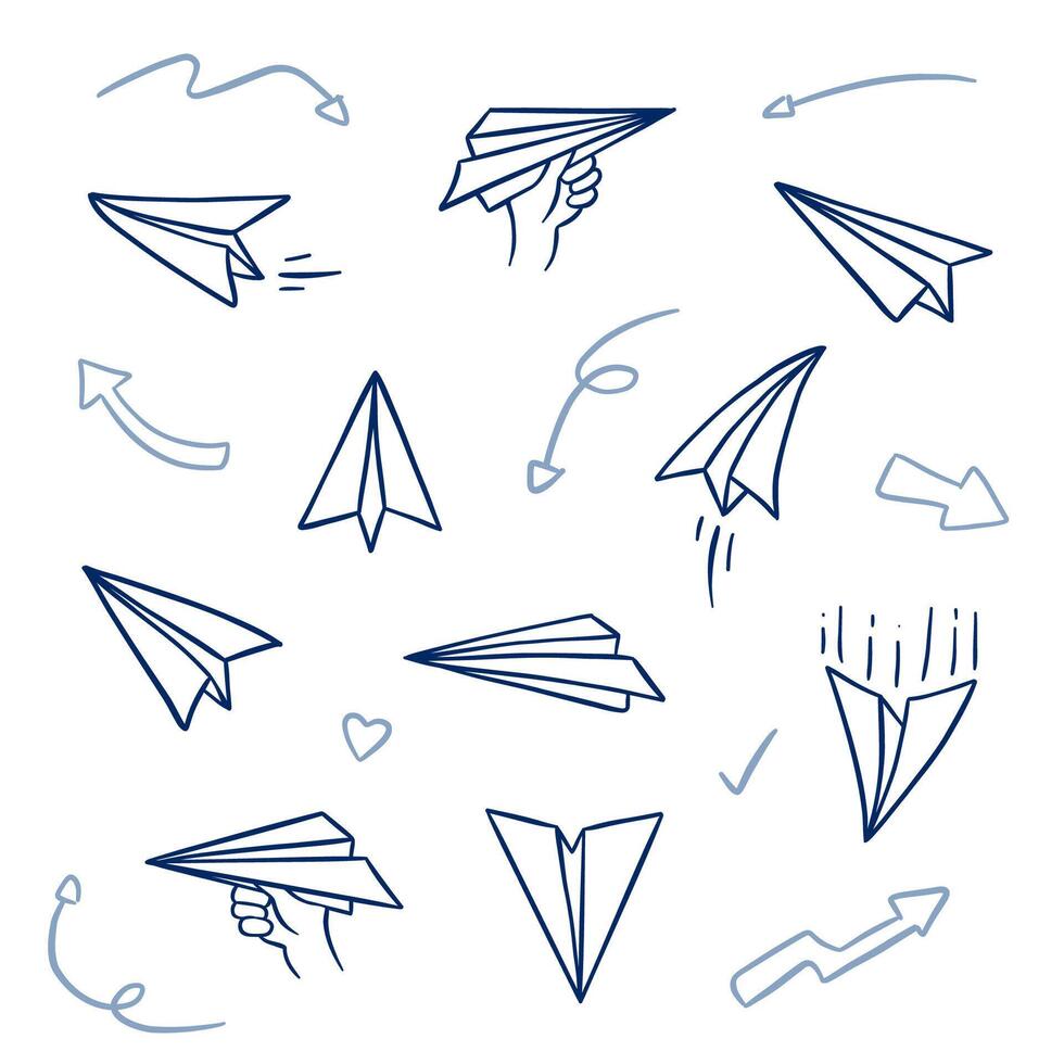 Paper plane doodle drawing set, paper airplane outline hand drawn drawing vector