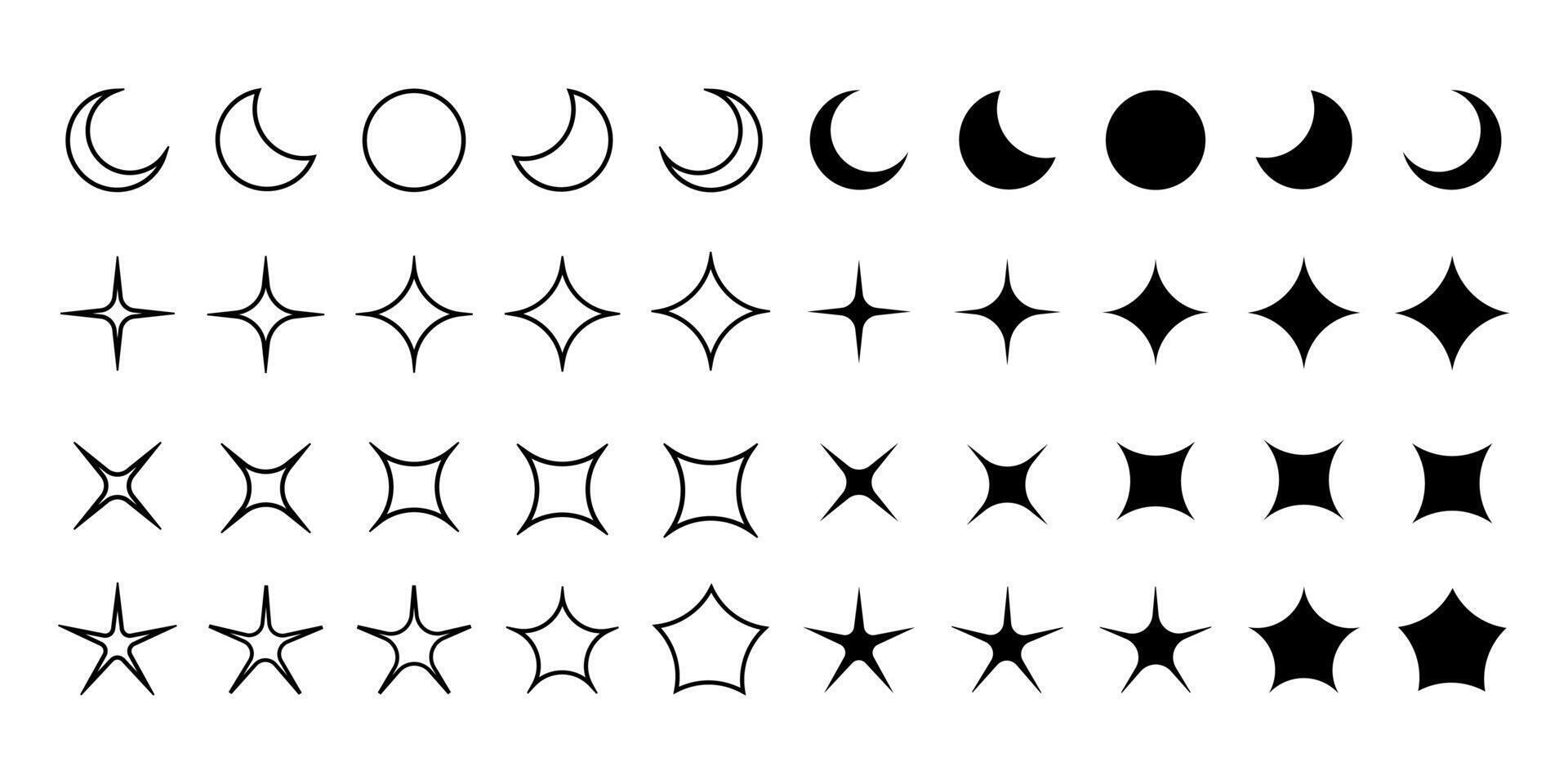 Graphic shapes collection with stars, blinks and moon phases in outline and bold variants, y2k design elements, vector illustration.