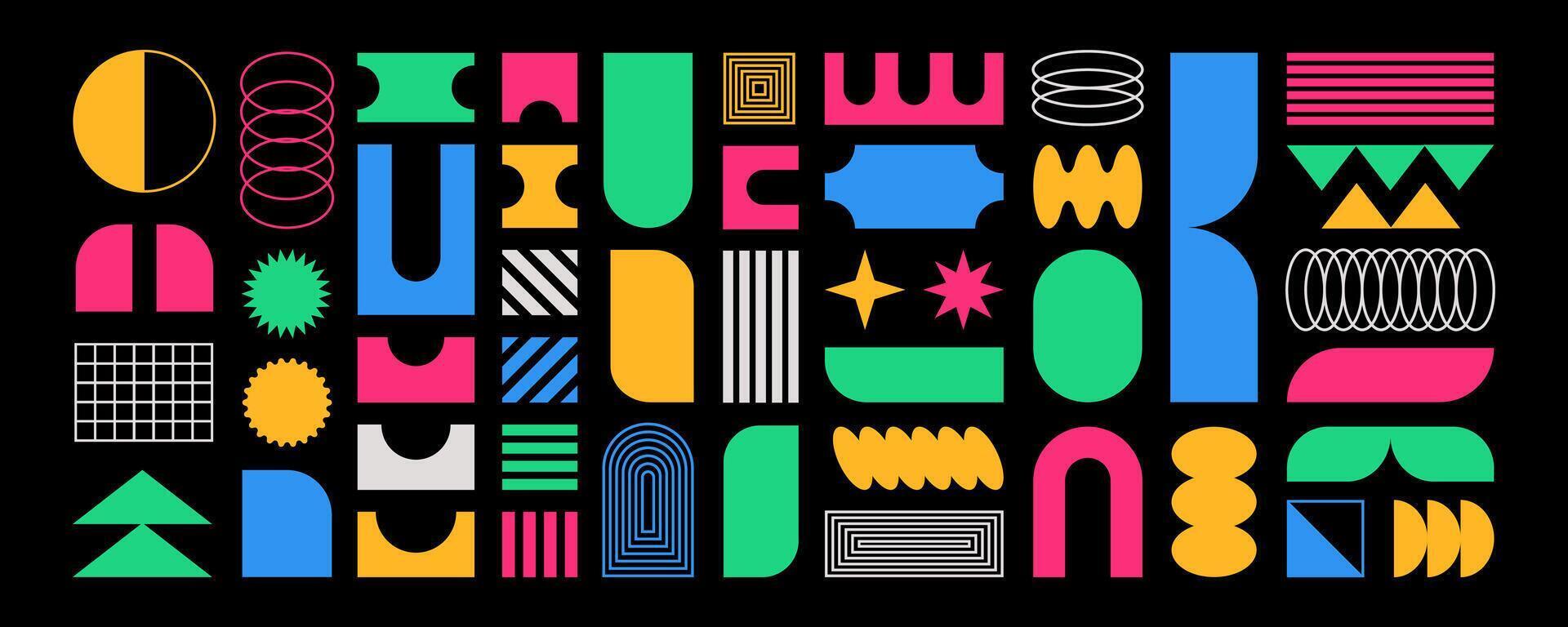 Abstract shapes, basic brutal forms and retro figures in Y2K aesthetics, vintage stickers, logos and labels. Decorative design element set, vector illustration.