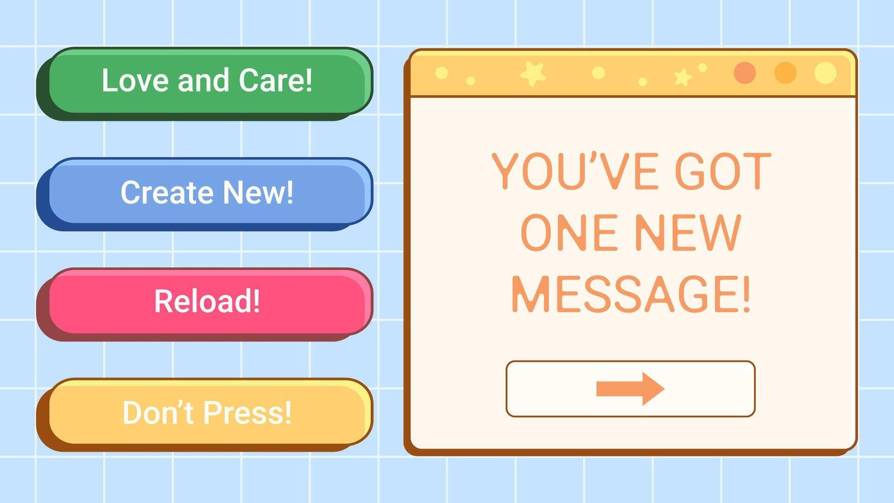 Set of Y2K retro computer window and buttons, interface elements with cheering phrases. Vector illustration.