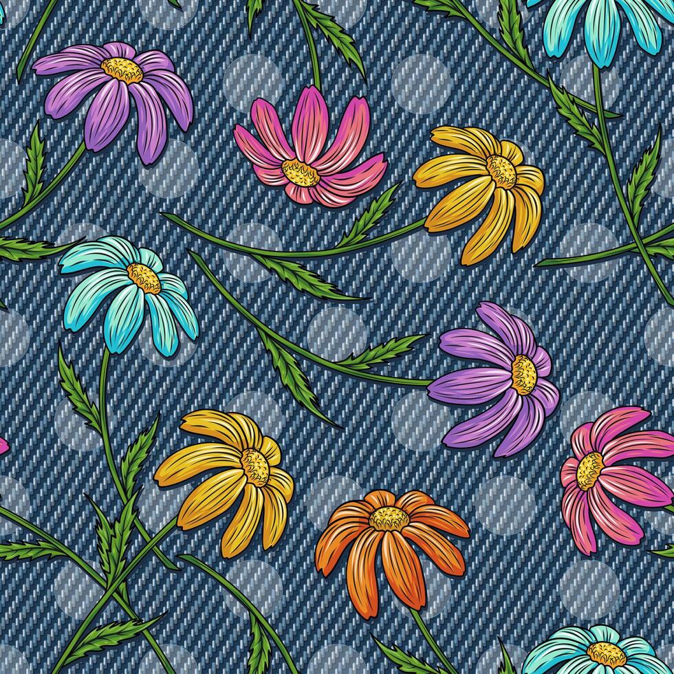 Summer denim pattern with chamomile, polka dot ornament behind. Blooming flowers with stem on blue jeans texture. Groovy, hippie, naive style for apparel, fabric, textile, design vector