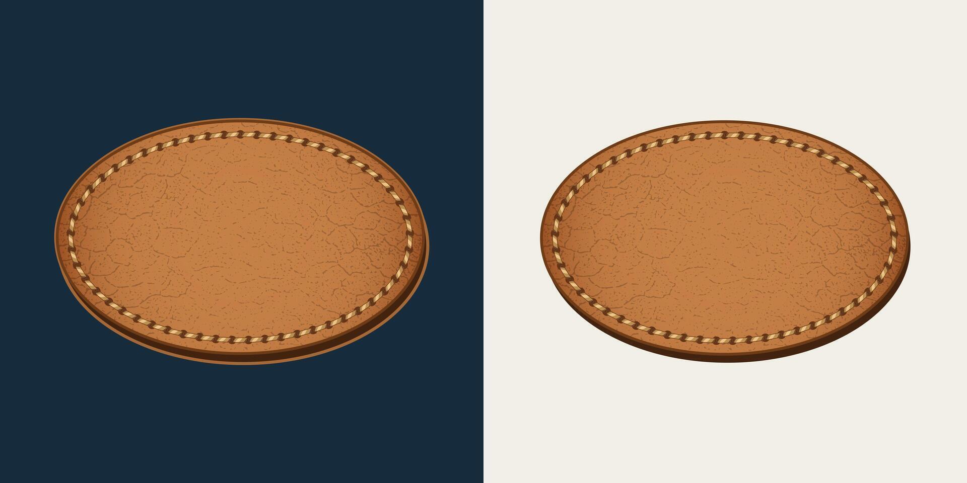 Leather oval empty label with stitching. Detailed textured vintage design element on black, white background. For denim style vector