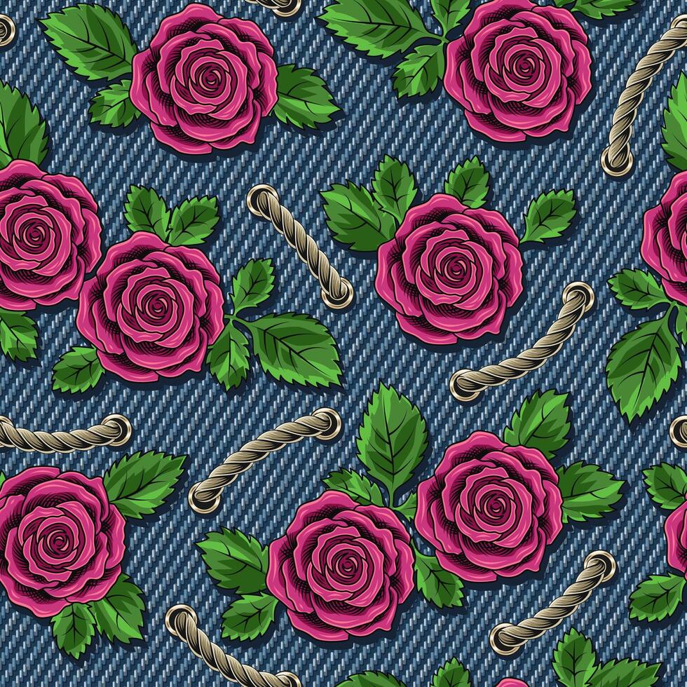 Denim floral seamless pattern with roses, rope lacing. Lush blooming pink flowers with leaves on blue jeans texture. For prints, clothing, t shirt, surface design Vintage style Not AI vector