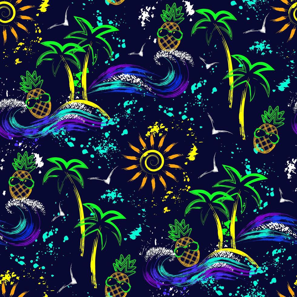 Summer holiday seamless pattern with pineapple, tropical island, sun icon, ocean waves. Paint brush strokes, splattered paint. Bright glowing neon colors. Outline, contour illustrations. vector