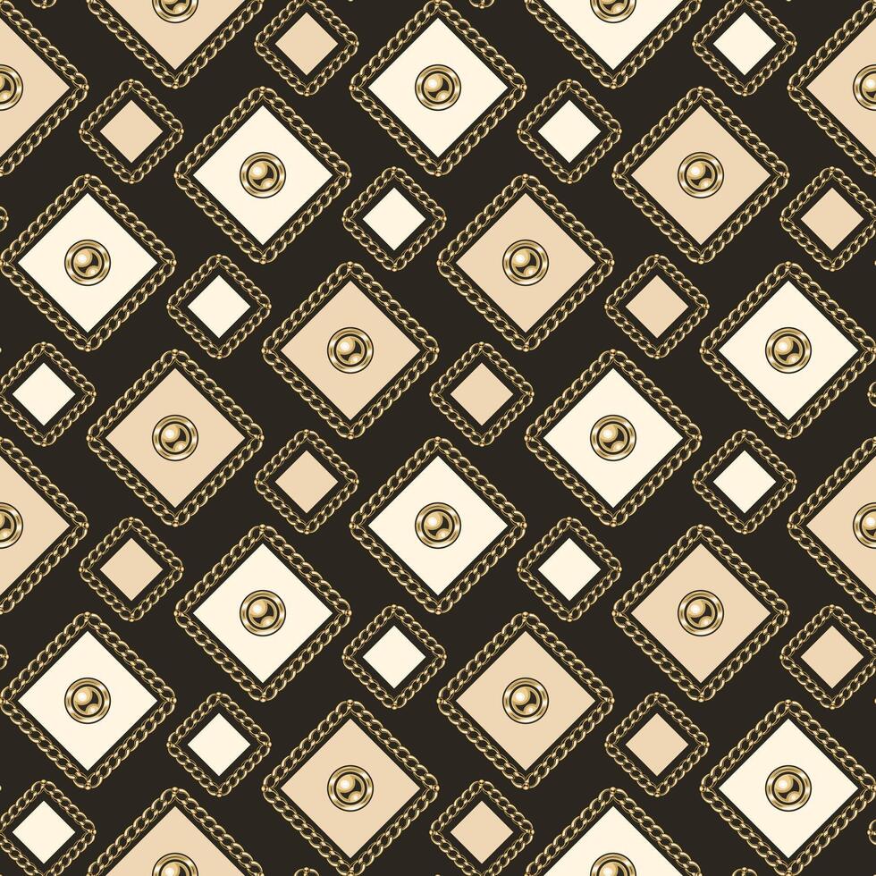 Jewelry seamless pattern with golden chains, beads, small squares. Diagonal composition. Detailed high contrast illustration in luxury vintage style. vector